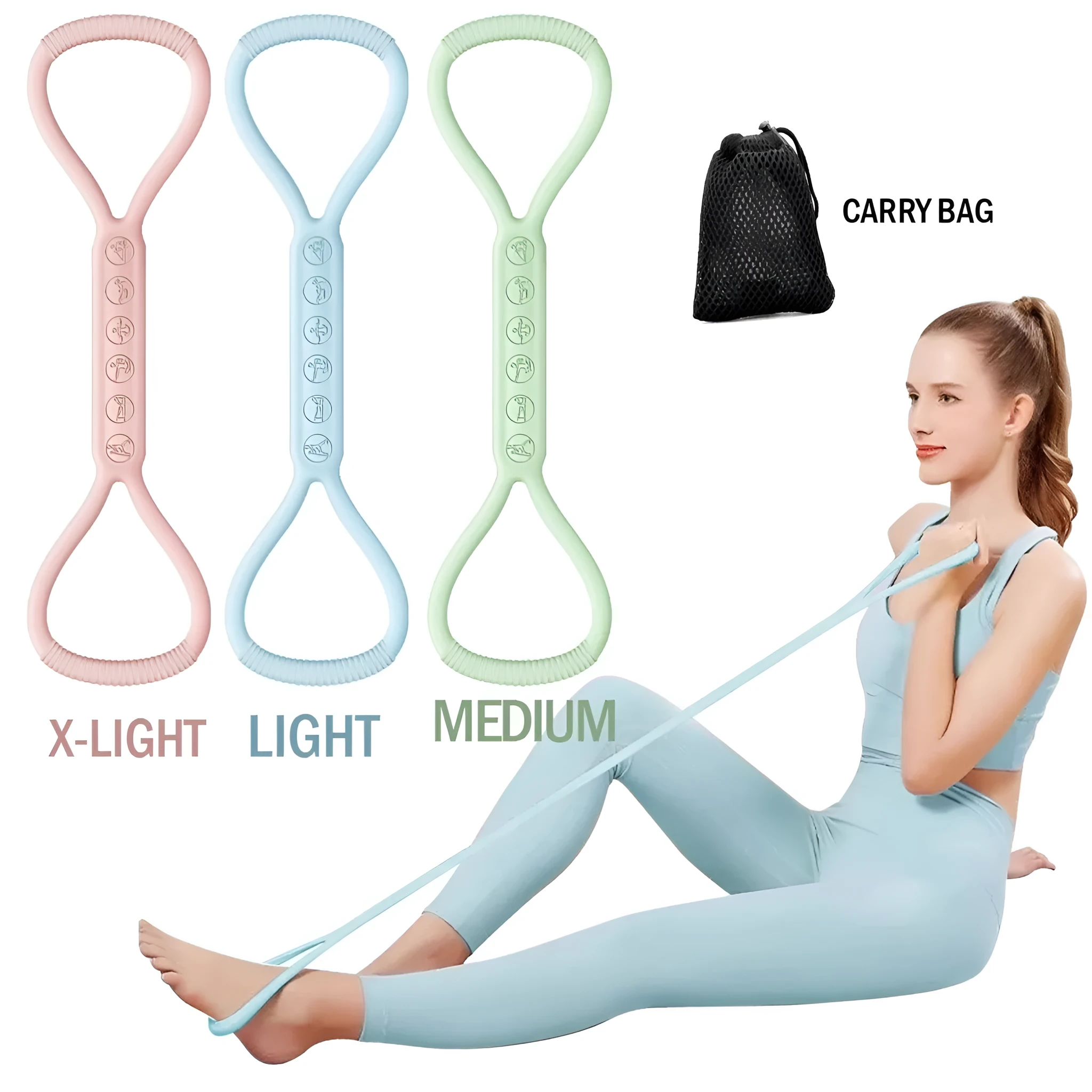 Set of three silicone mini resistance bands in light blue, purple, and pink on a white background