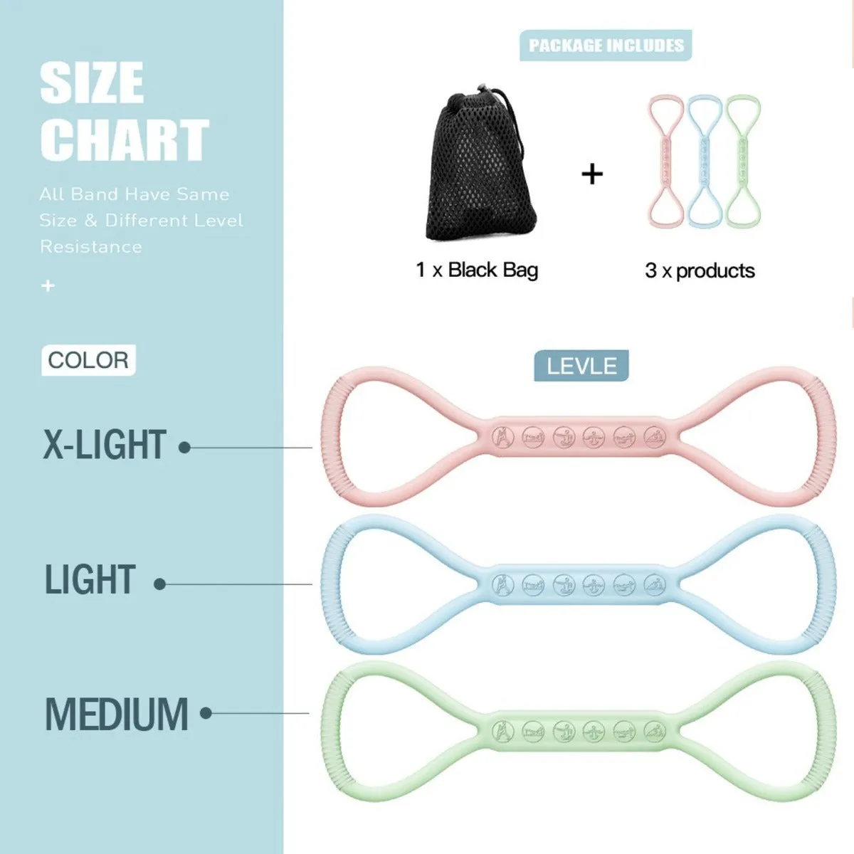 Set of three silicone mini resistance bands in light blue, purple, and pink on a white background