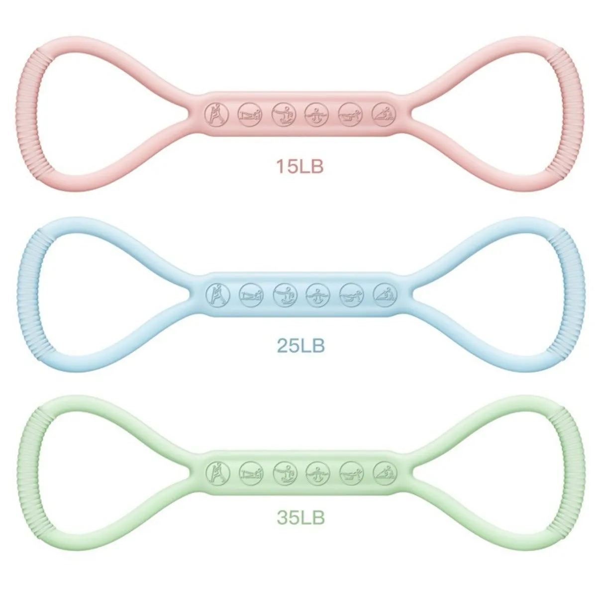 Set of three silicone mini resistance bands in light blue, purple, and pink on a white background