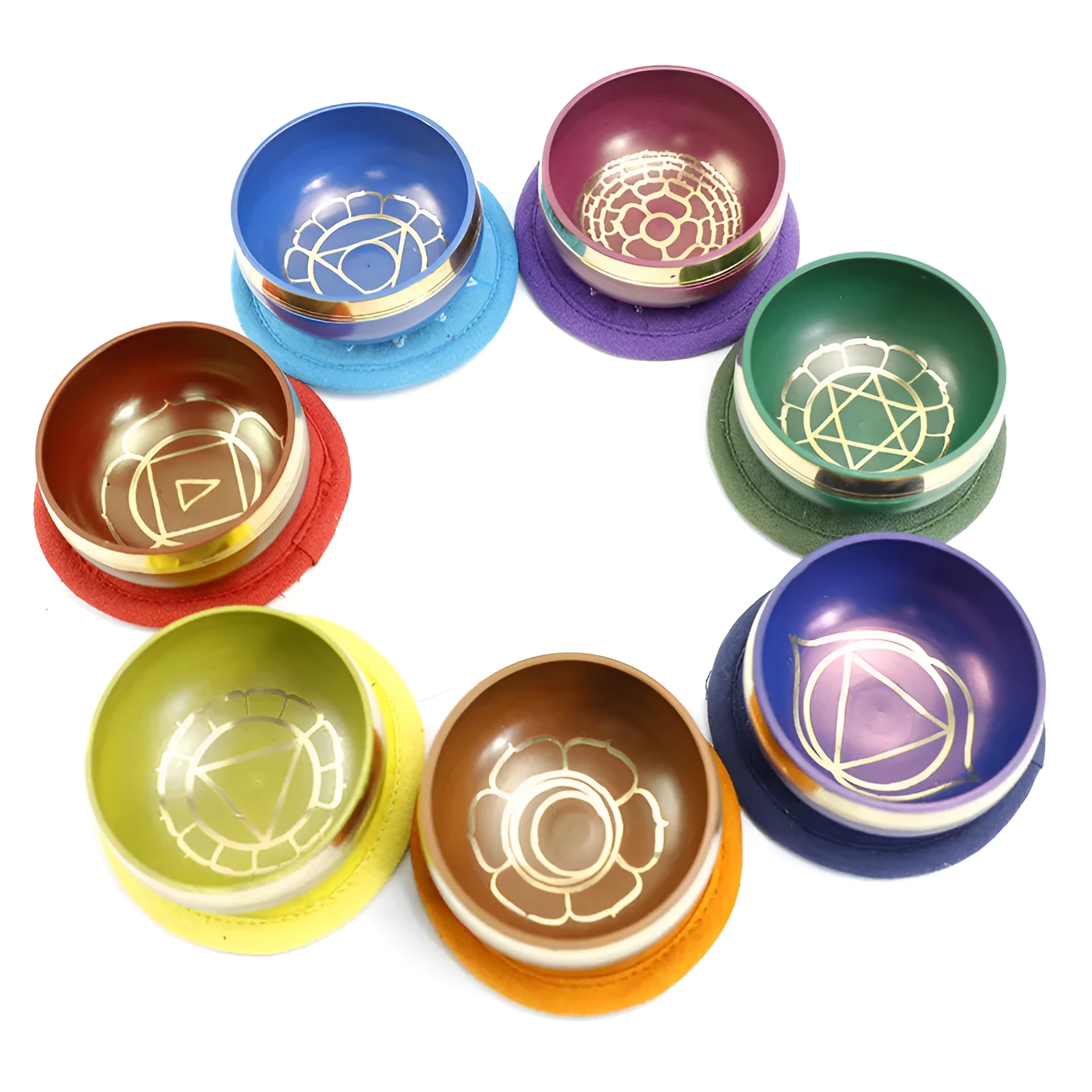 Handmade colourful Himalaya metal singing bowl and mallet, 7.8 cm in diameter.