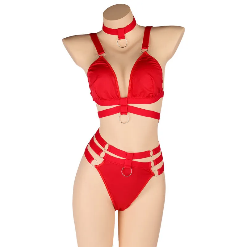 Women's bikini swimsuit set with black top and pants on white background showing front view