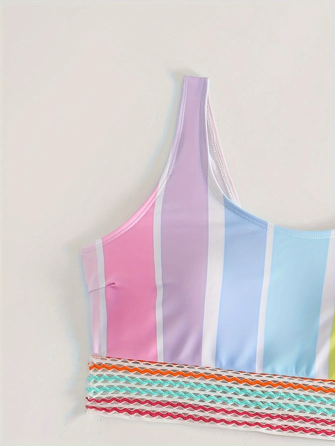 Women's striped two-piece bikini swimsuit in picture colour on a mannequin.