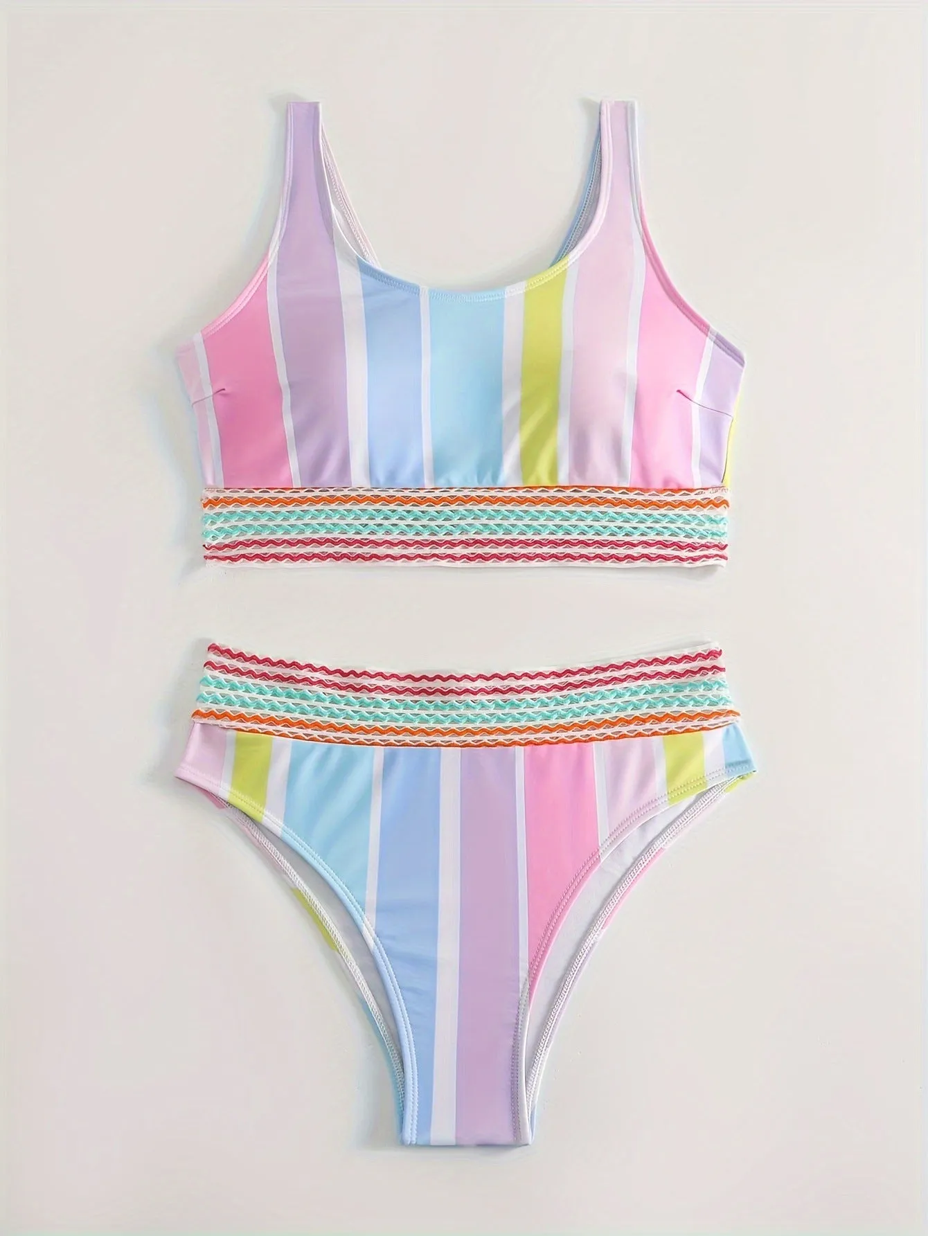 Women's striped two-piece bikini swimsuit in picture colour on a mannequin.