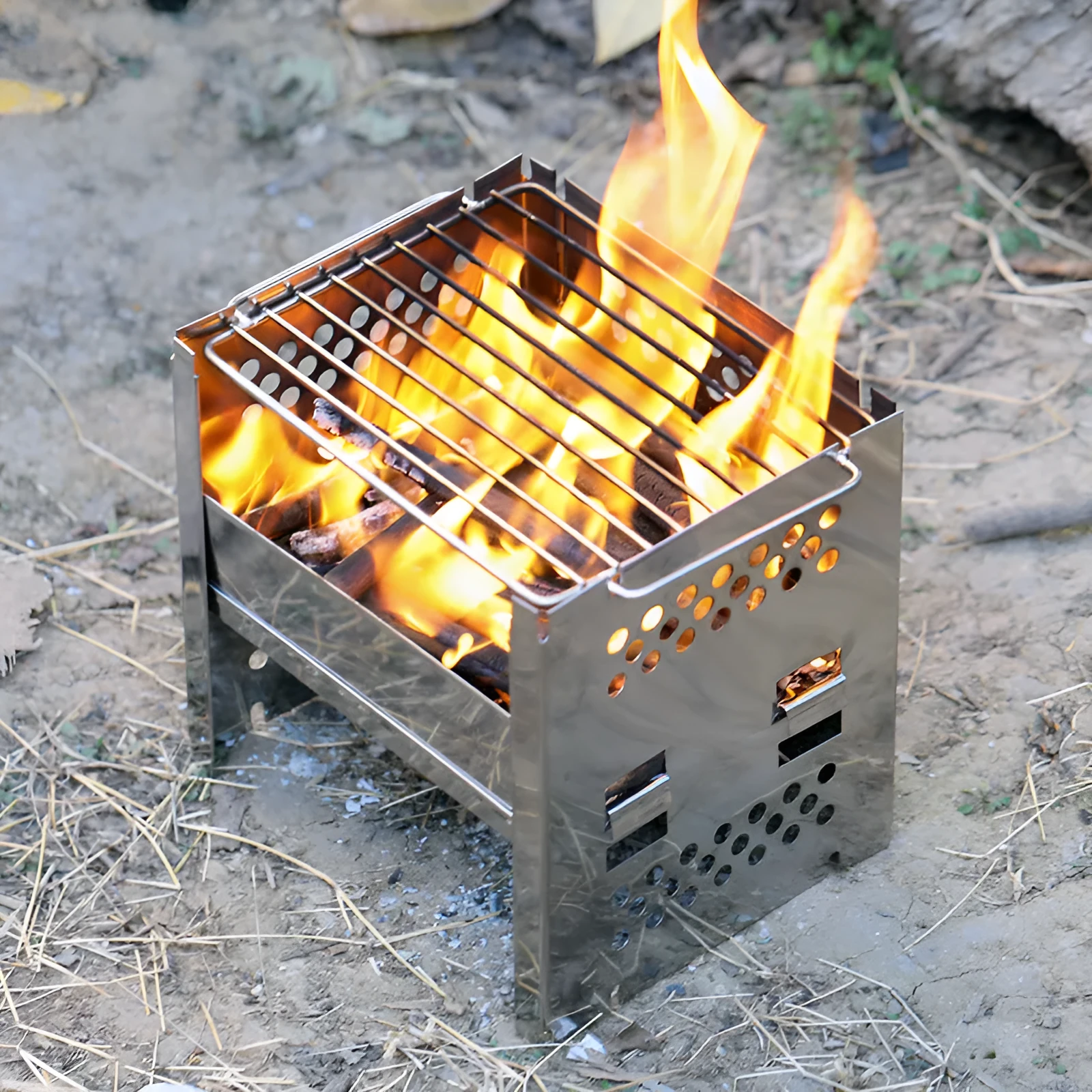 Portable outdoor stainless steel dual-use barbecue grill and firewood stove for camping with removable parts