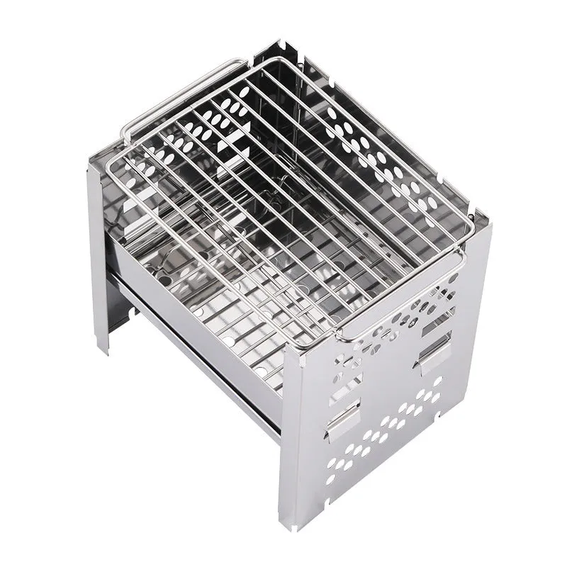 Portable outdoor stainless steel dual-use barbecue grill and firewood stove for camping with removable parts