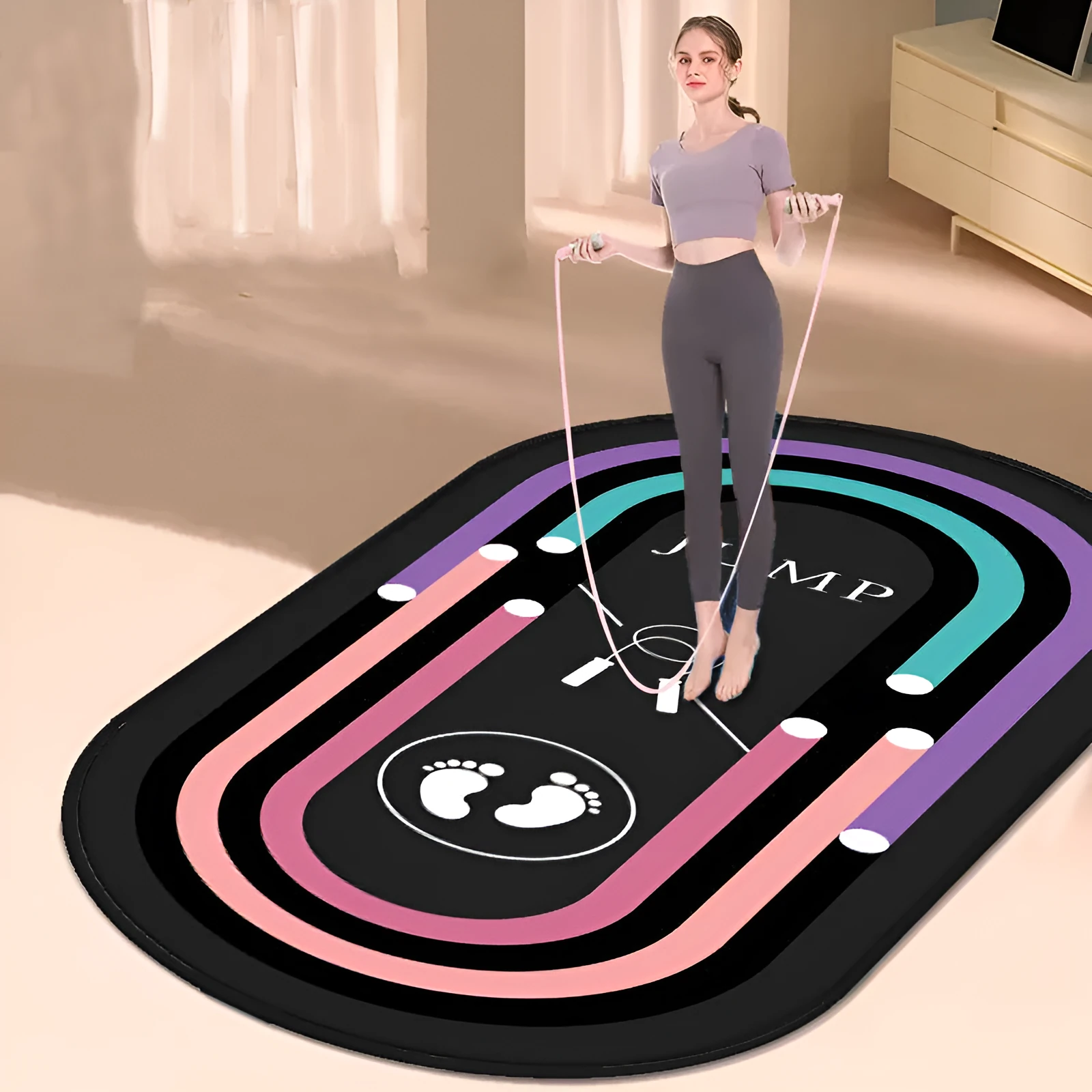 Oval anti-slip thickened yoga mat in Black Sole Purple Fringe on a home gym floor