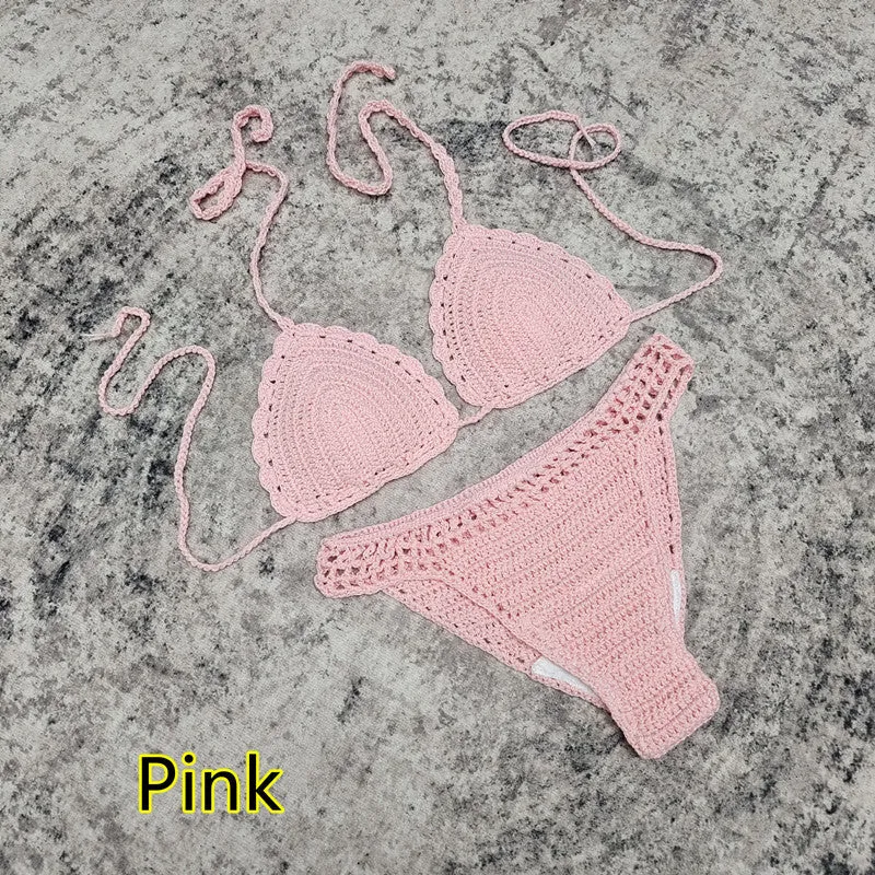 Women's handmade crochet three-piece bikini set with skirt in blue colour
