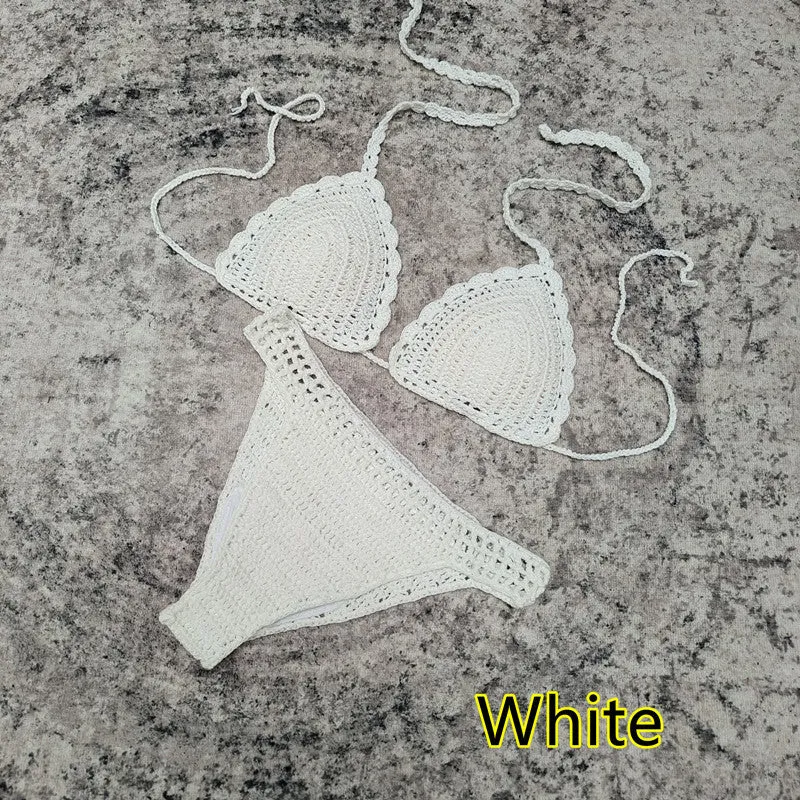 Women's handmade crochet three-piece bikini set with skirt in blue colour