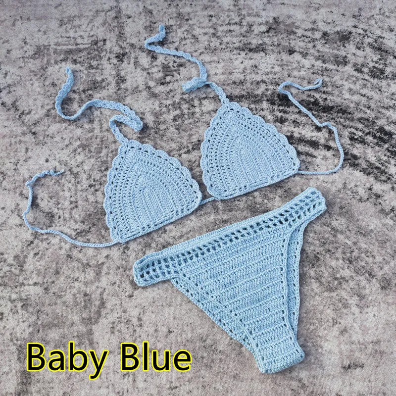 Women's handmade crochet three-piece bikini set with skirt in blue colour