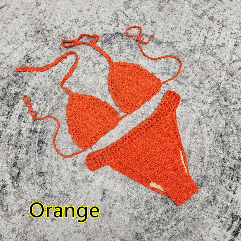 Women's handmade crochet three-piece bikini set with skirt in blue colour