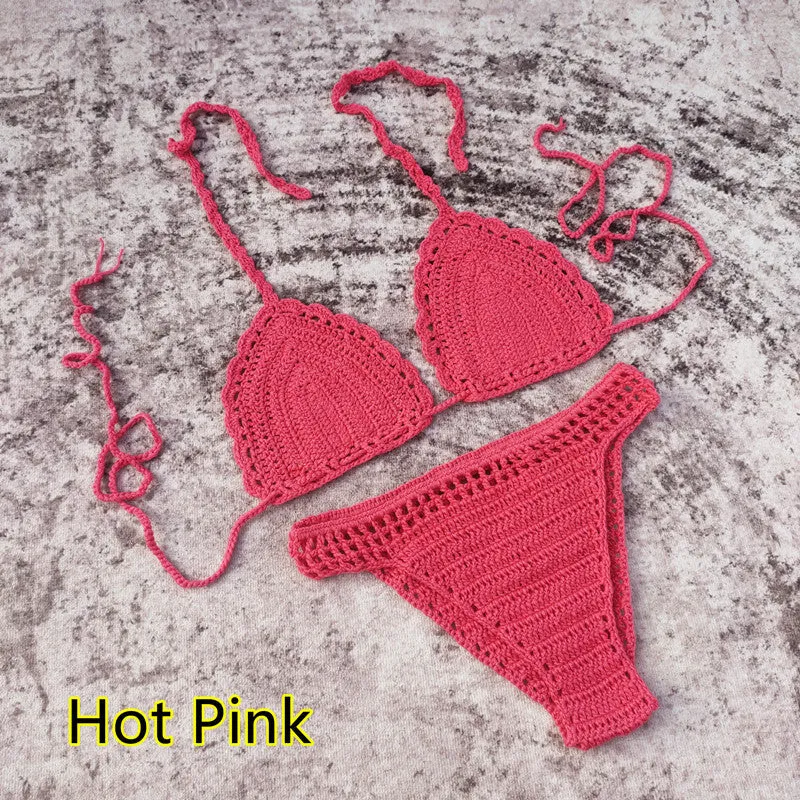 Women's handmade crochet three-piece bikini set with skirt in blue colour