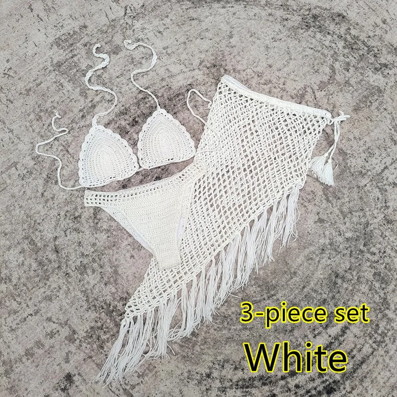 Women's handmade crochet three-piece bikini set with skirt in blue colour
