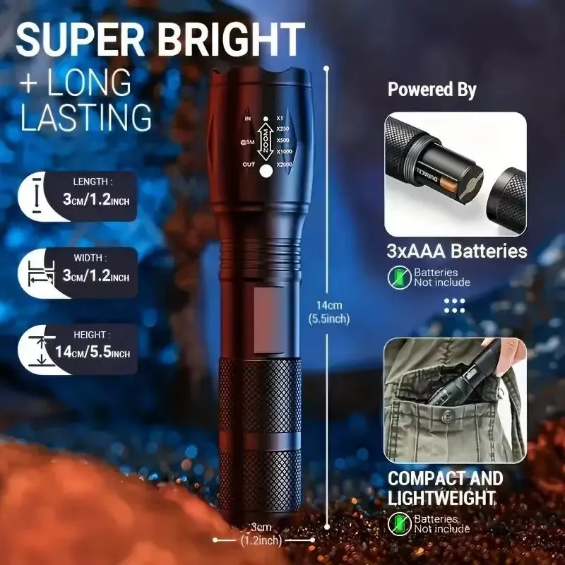 Black high power LED tactical flashlight with zoomable lens and aluminium alloy body