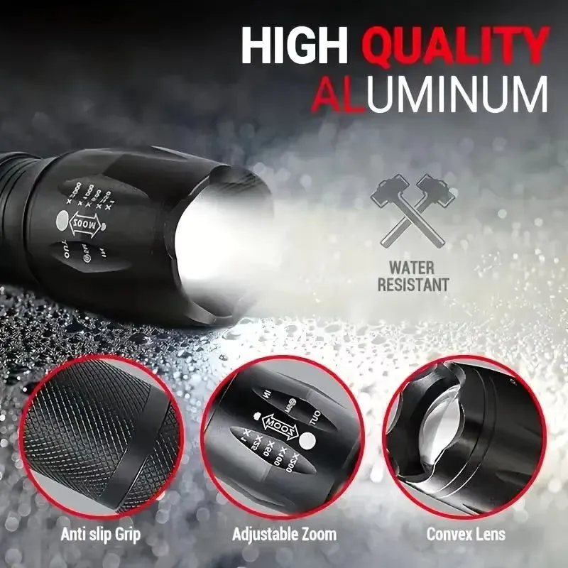 Black high power LED tactical flashlight with zoomable lens and aluminium alloy body