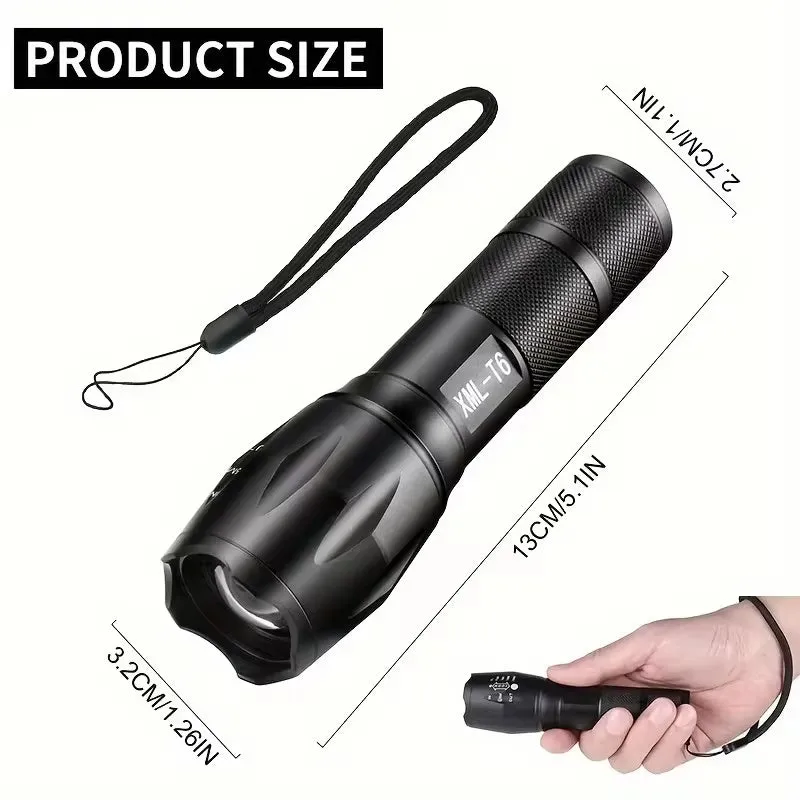 Black high power LED tactical flashlight with zoomable lens and aluminium alloy body