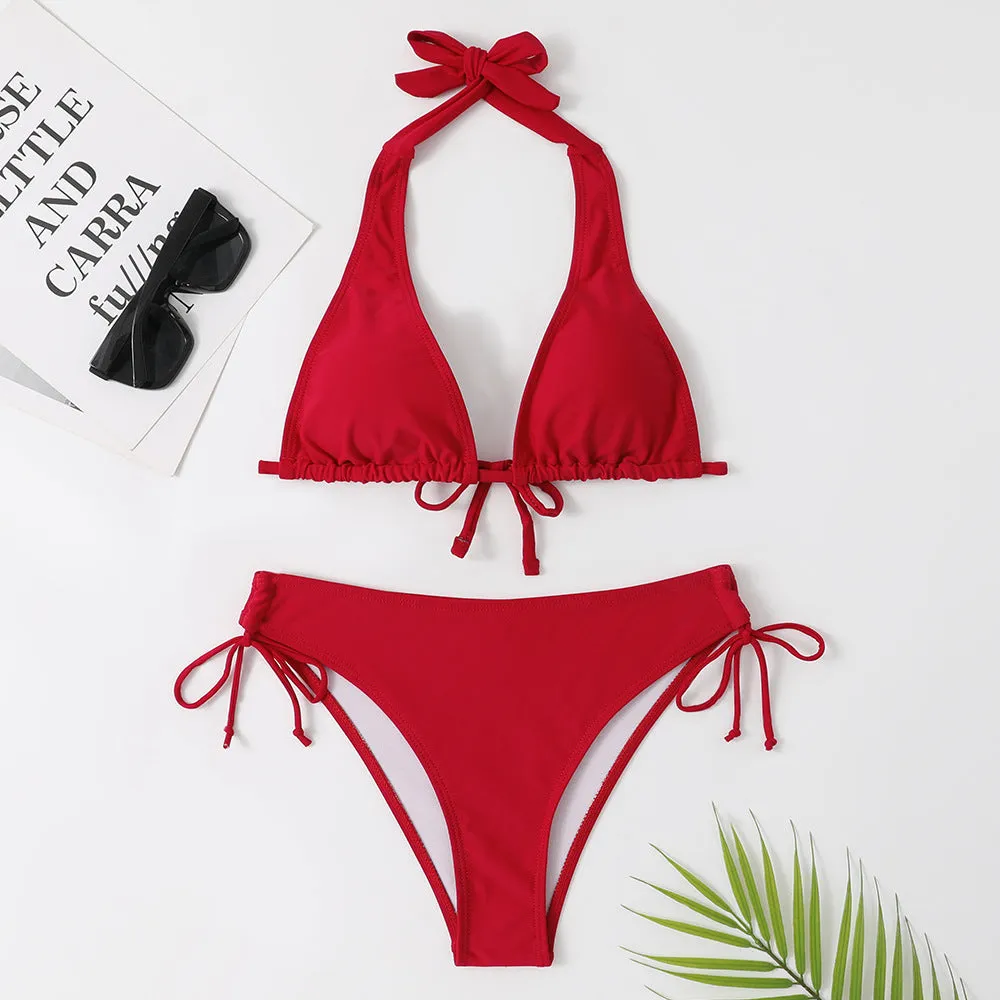 Solid colour bikini swimsuit set with adjustable straps in black, available in sizes S to XL