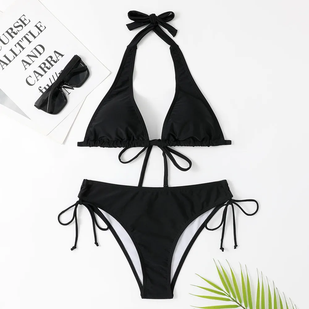 Solid colour bikini swimsuit set with adjustable straps in black, available in sizes S to XL