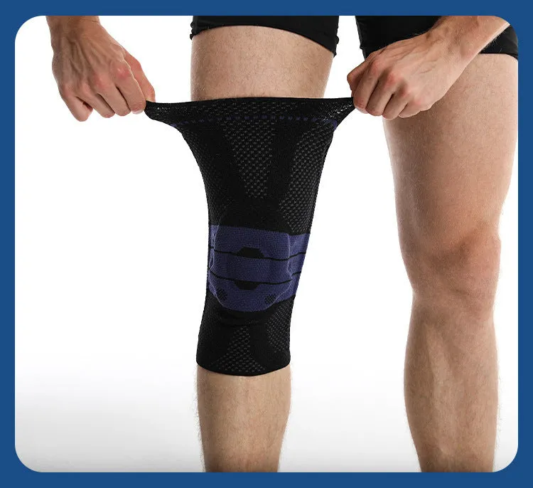 Adult sports kneecaps in black and blue colour, made from nylon and spandex material.