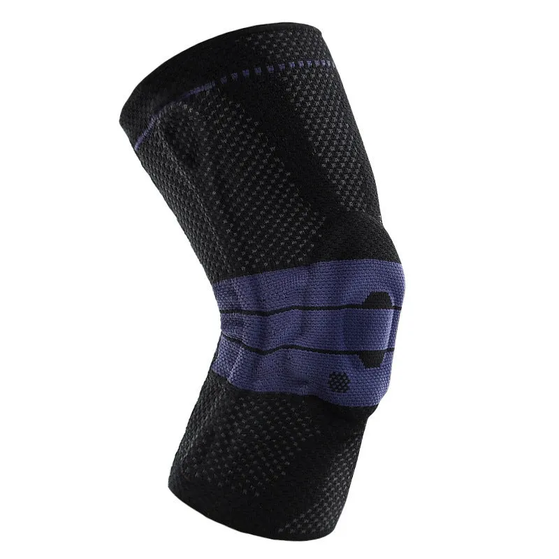 Adult sports kneecaps in black and blue colour, made from nylon and spandex material.