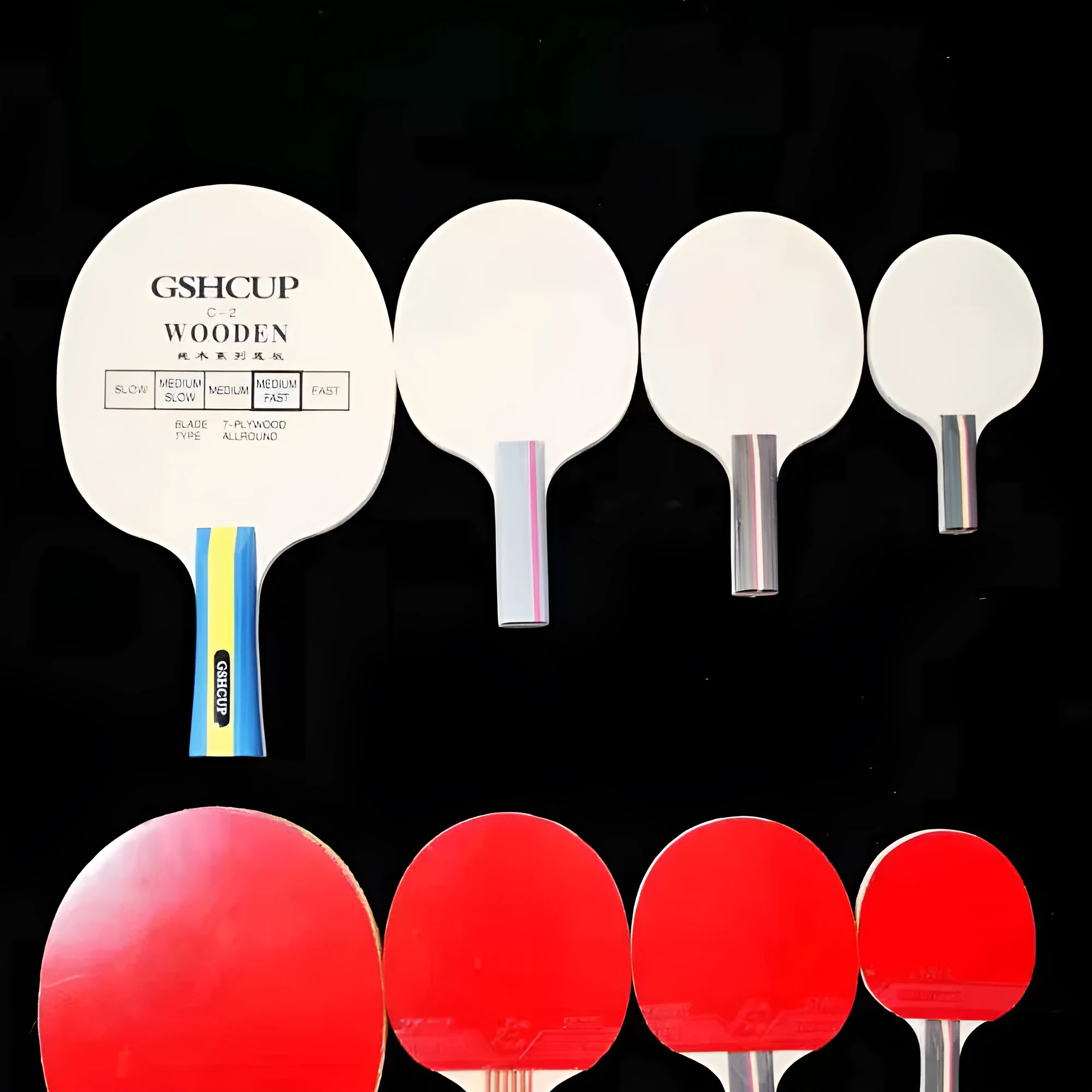 Mini wooden table tennis racket paddle in three sizes large medium and small