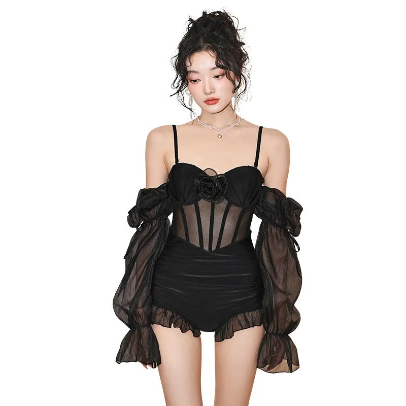 Solid black one-piece swimsuit with lace puff sleeves, high-waist tight fit for women swimming