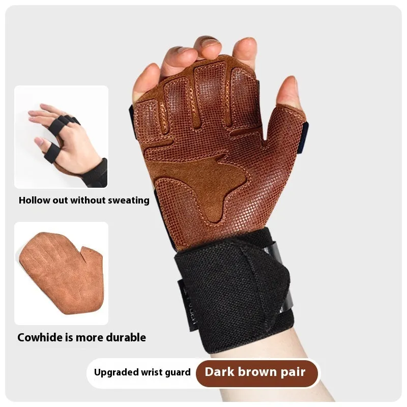 Cowhide fitness anti-slip wrist gloves with wristband in dark brown on gym floor