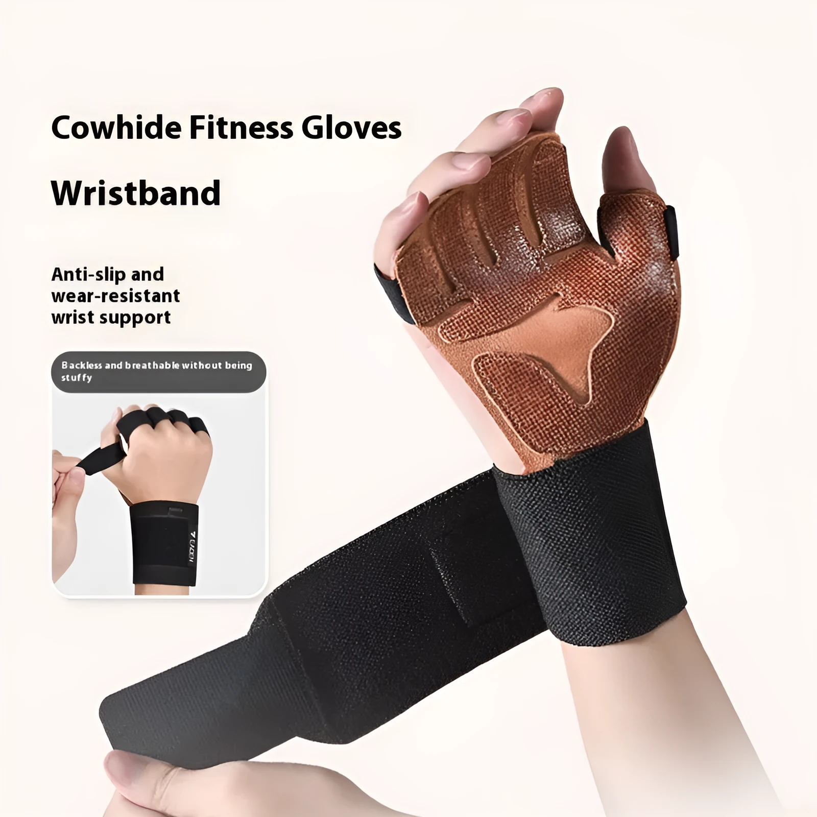 Cowhide fitness anti-slip wrist gloves with wristband in dark brown on gym floor