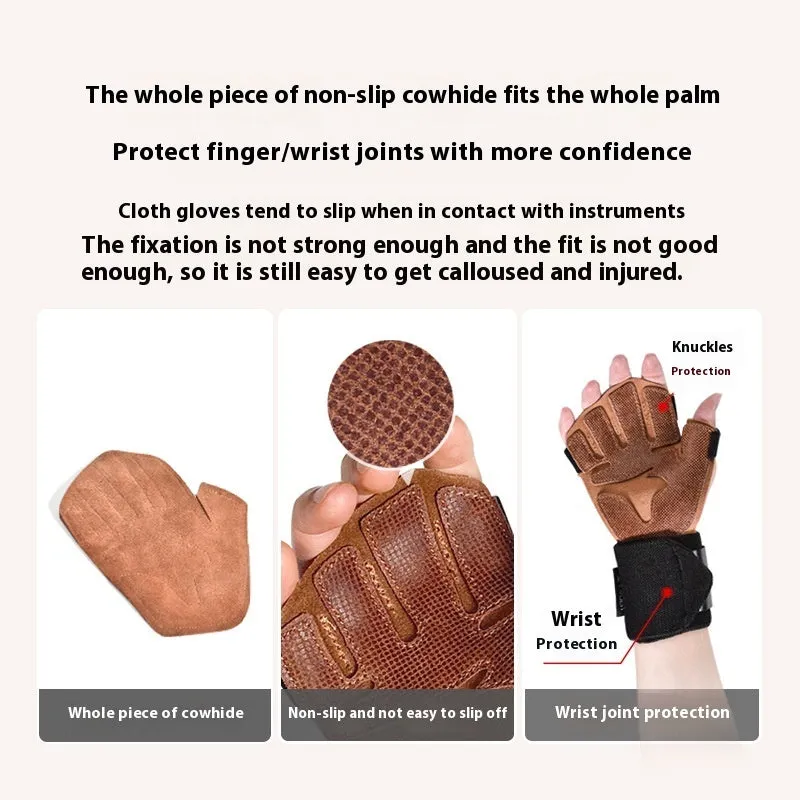 Cowhide fitness anti-slip wrist gloves with wristband in dark brown on gym floor