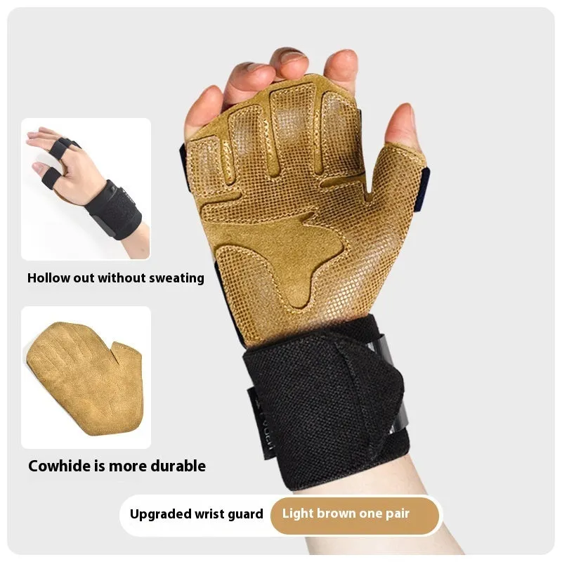 Cowhide fitness anti-slip wrist gloves with wristband in dark brown on gym floor