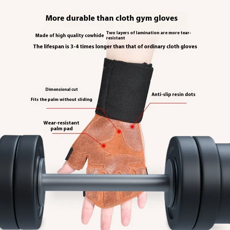 Cowhide fitness anti-slip wrist gloves with wristband in dark brown on gym floor