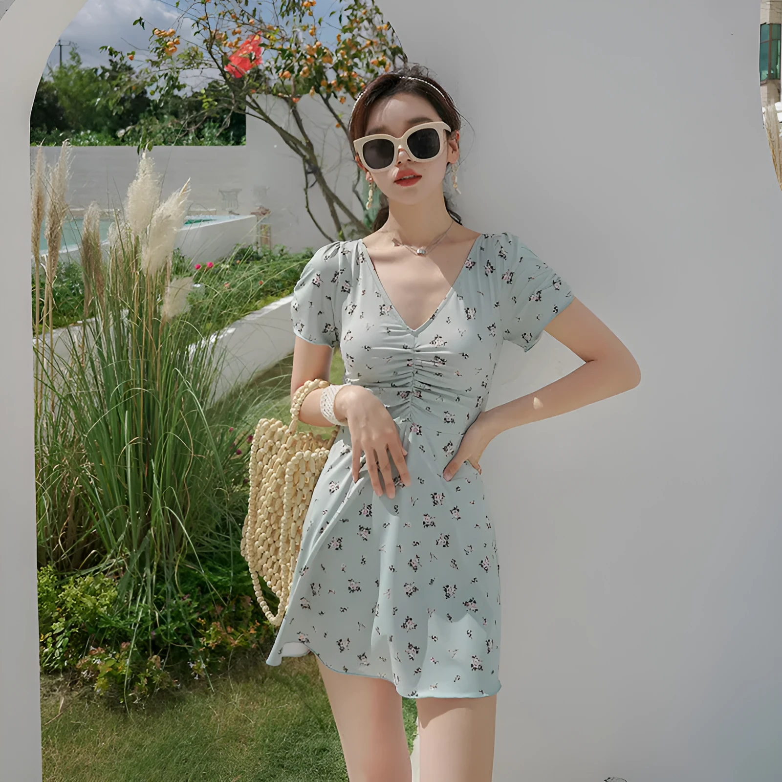 Green gathered fairy-style one-piece swimsuit with backless design and high elasticity for sports and swimming