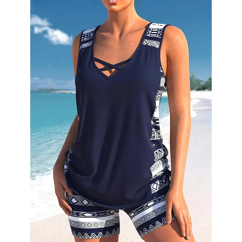 Women's polyester sleeveless conservative split swimsuit with hollow detailing in split swimsuit colour, available in sizes S M L XL XXL