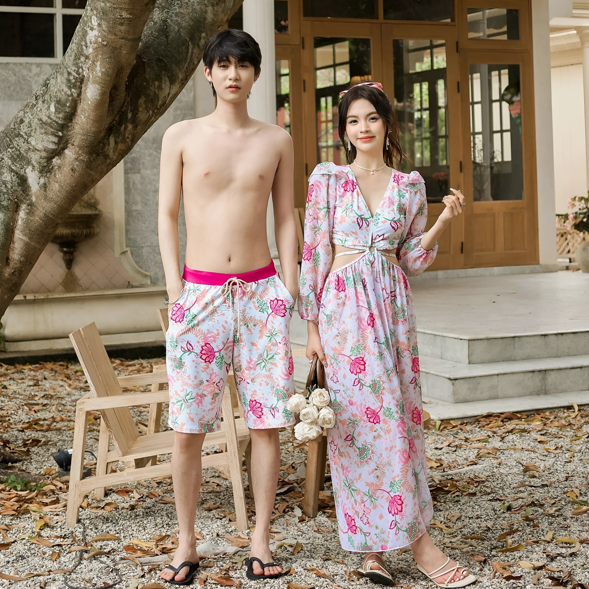 Couple retro printed long sleeve one-piece swimsuit in floral pattern, available for men and women, polyester fabric