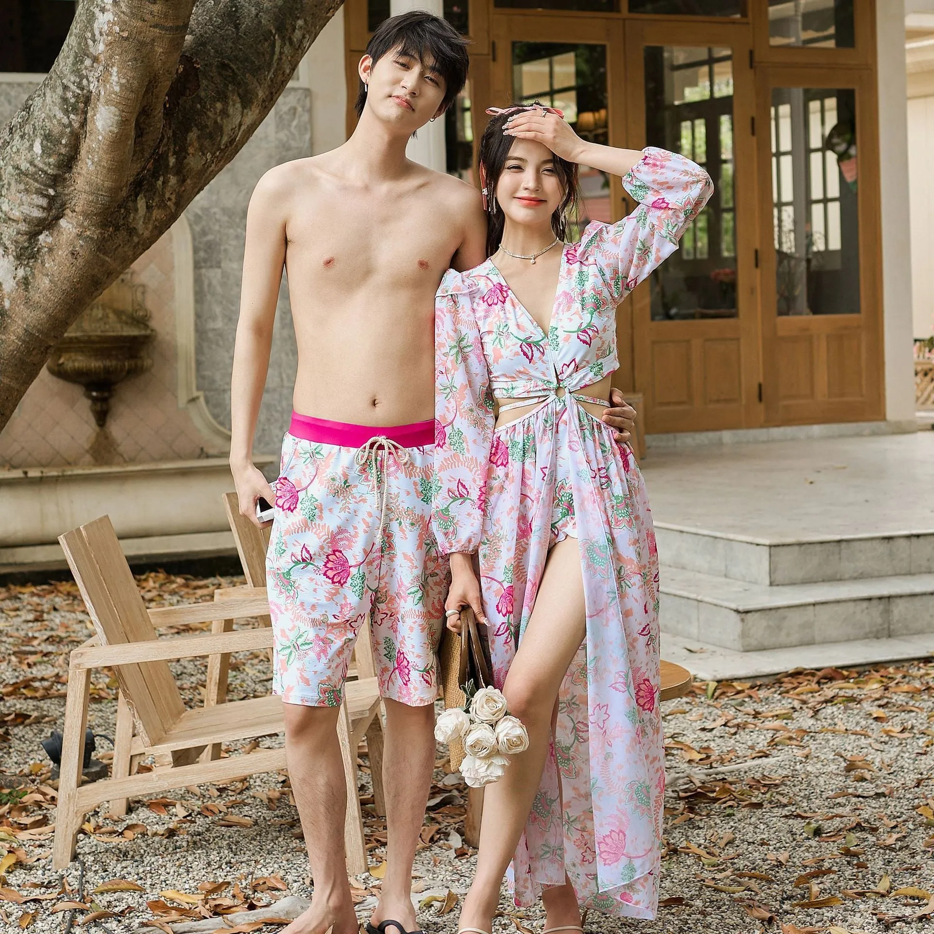 Couple retro printed long sleeve one-piece swimsuit in floral pattern, available for men and women, polyester fabric