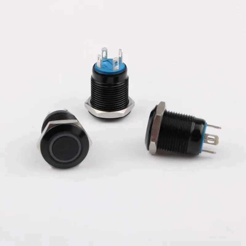 12mm metal self-reset waterproof button switch with light, silver contacts, flat head model