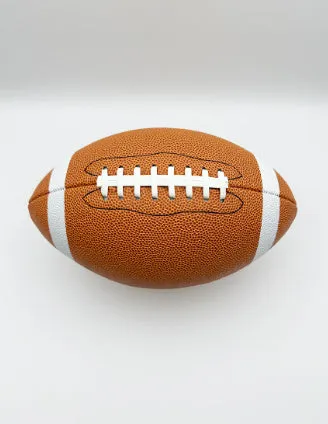 Machine sewn PU children's training American football in brown, shown with stitched seams and pointed ends for practice play