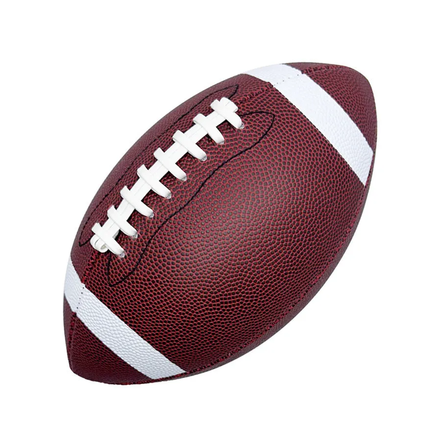 Machine sewn PU children's training American football in brown, shown with stitched seams and pointed ends for practice play