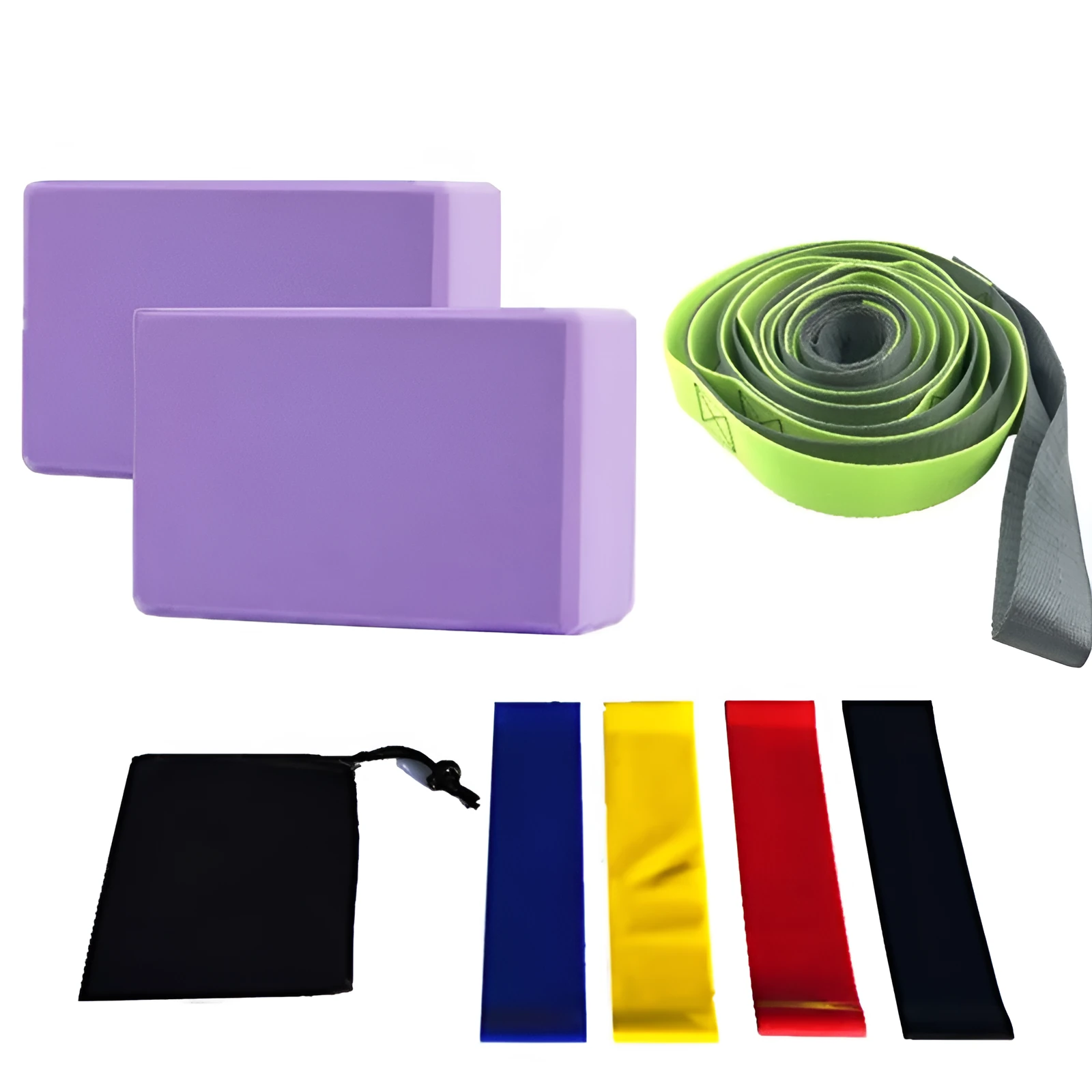 Yoga block eight-piece set with bricks, stretch belt, latex bands, and black storage bag on a floor.