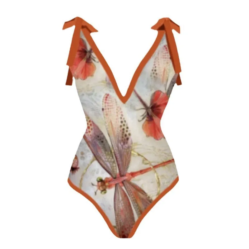 Retro Printed One-piece Swimsuit For Women European American French Style Pattern Bikini With Gauze Skirt Quick-drying Tight Backless Design Polyester Lining S M L XL Free Size Swimming Wading Sportswear