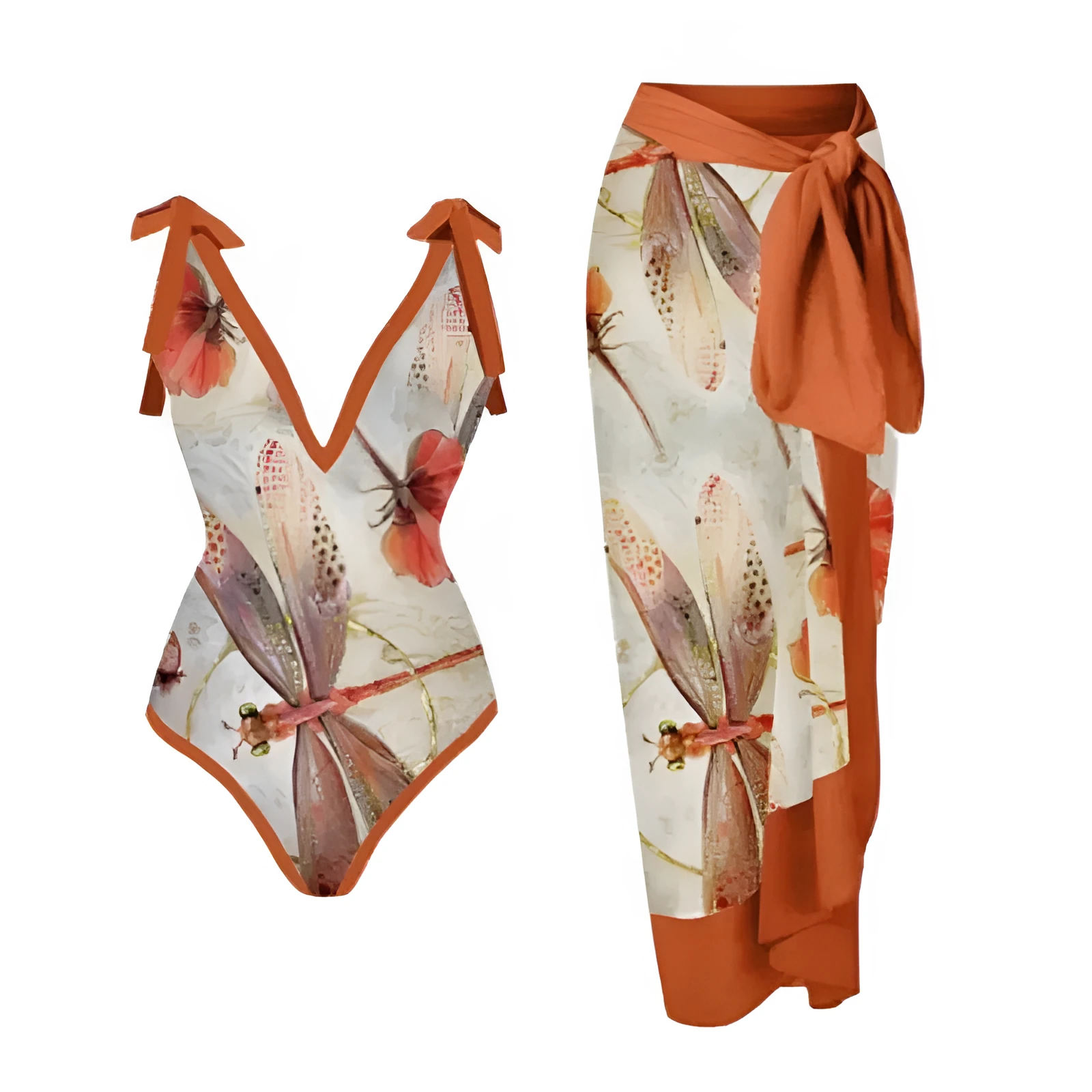 Retro Printed One-piece Swimsuit For Women European American French Style Pattern Bikini With Gauze Skirt Quick-drying Tight Backless Design Polyester Lining S M L XL Free Size Swimming Wading Sportswear