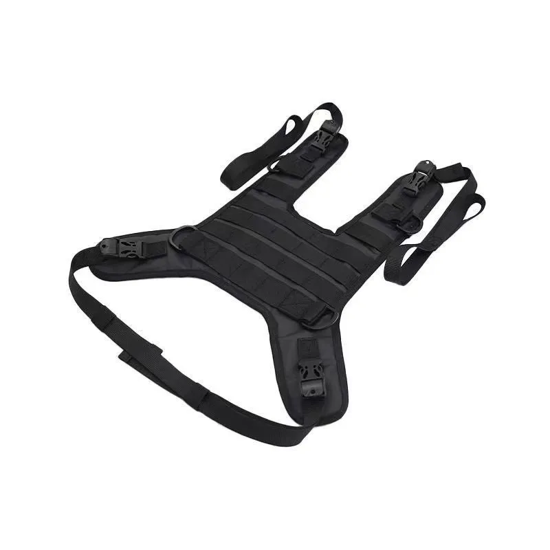 Universal black nylon motorcycle fuel tank bag mount base with adjustable straps on a black tank