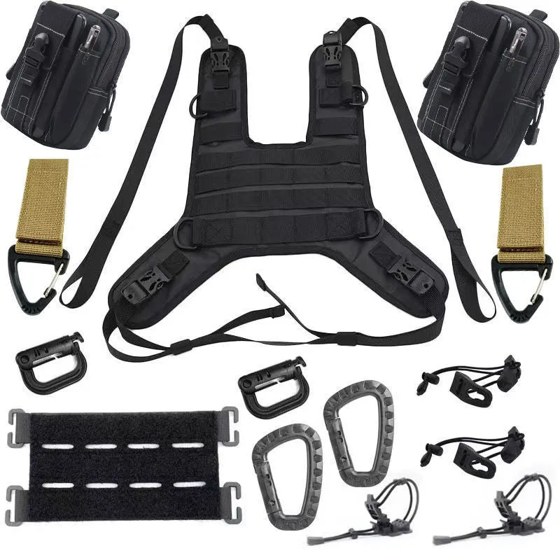 Universal black nylon motorcycle fuel tank bag mount base with adjustable straps on a black tank