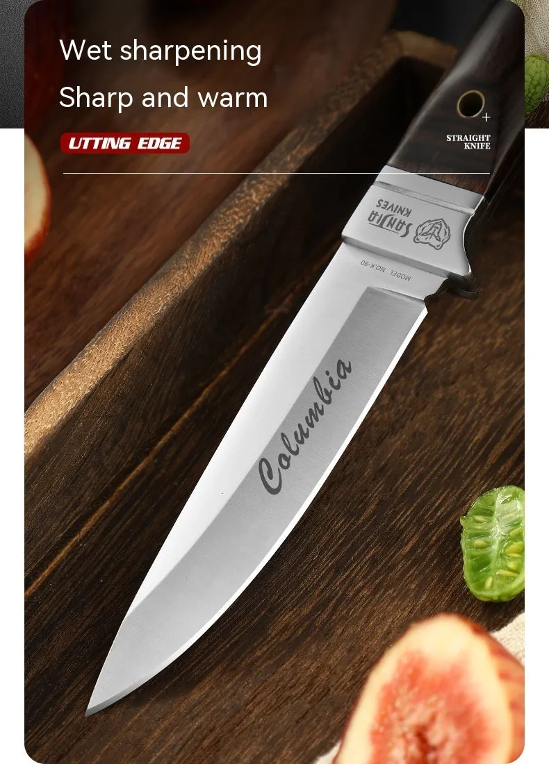 Camping fruit knife with stainless steel blade, national style design, and leather protective case