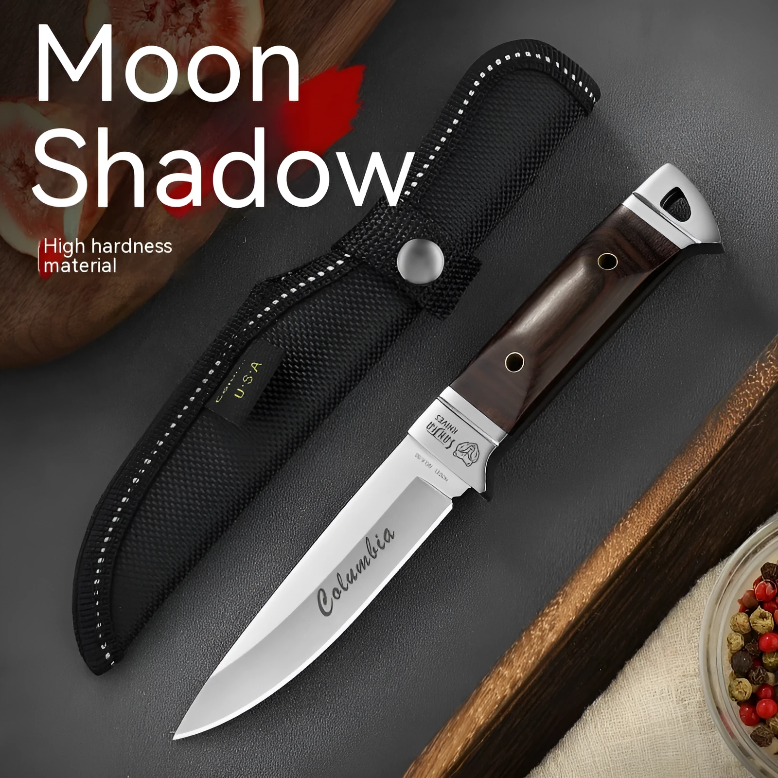 Camping fruit knife with stainless steel blade, national style design, and leather protective case