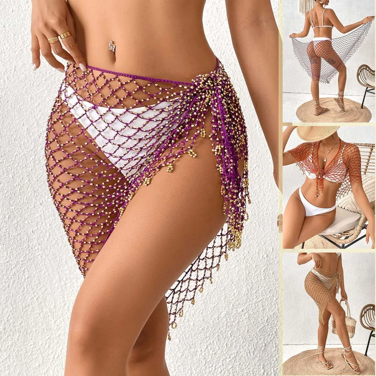 Hand crocheting bead shawl bikini triangular binder women's swim cover-up cape free size acetate rayon blend