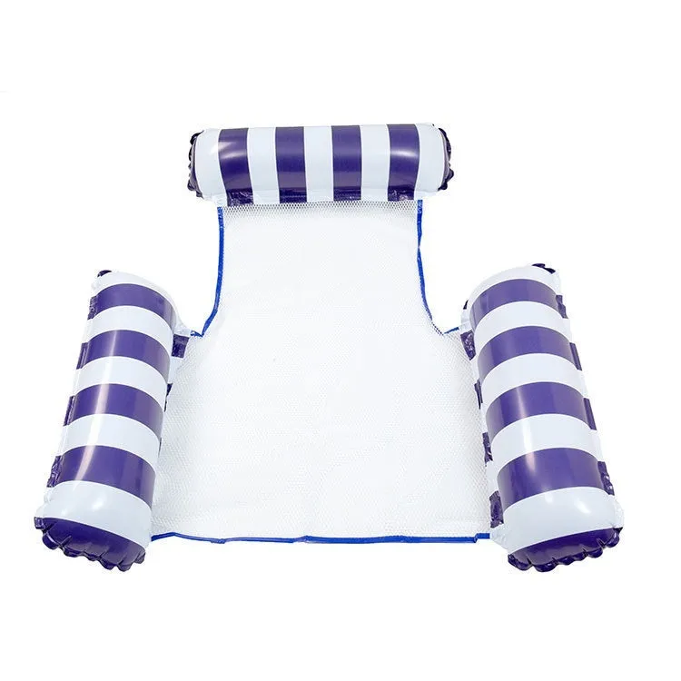 Striped inflatable floating bed in light blue and white, 124x99cm, on pool water surface
