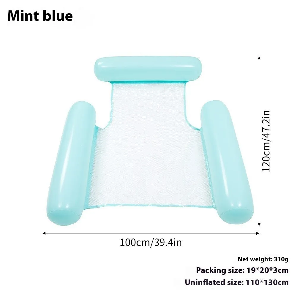 Striped inflatable floating bed in light blue and white, 124x99cm, on pool water surface