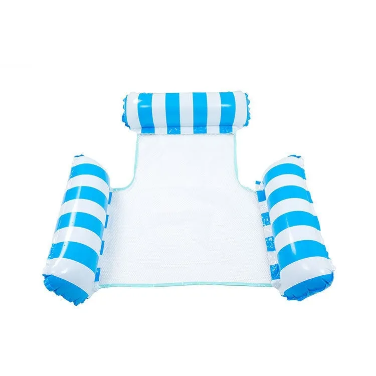 Striped inflatable floating bed in light blue and white, 124x99cm, on pool water surface