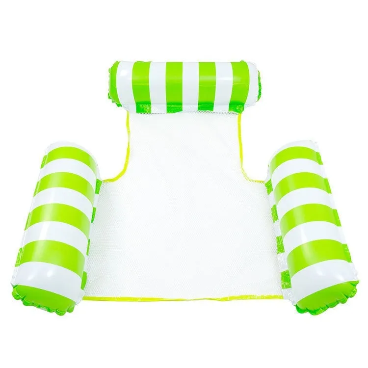 Striped inflatable floating bed in light blue and white, 124x99cm, on pool water surface