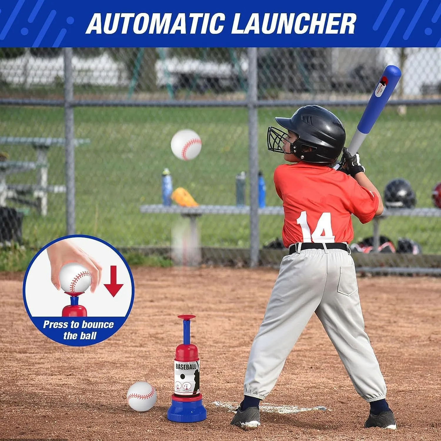 Hanging standing automatic serve adjustable children's baseball toy for teenagers blue red PP material